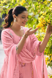 Engaging Pink Color Chanderi Fabric Salwar Suit With Hamd Dori Work